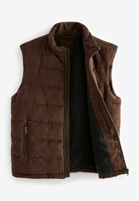 Brun isoleret vest med quiltet design, ståkrave, lynlåslukning foran og sidelommer, med en blød indre foring.