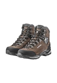 Braune Lederwanderschuhe mit schwarzem Gummikappen und Schnürsenkeln, Metallösen und gepolstertem Schaft. Entwickelt für Langlebigkeit und Bodenhaftung.