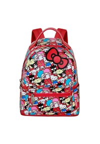Mochila roja con un colorido patrón de Hello Kitty que presenta varios personajes, material suave, dos correas ajustables y un destacado acento de lazo.