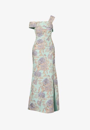 Jasnoniebieska wieczorowa suknia na jedno ramię z kwiatowym wzorem w kolorze złotym i lawendowym oraz przednim rozcięciem sięgającym uda.