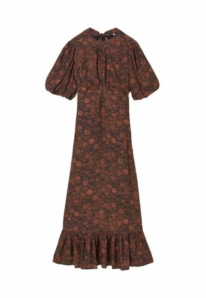 Floral print dress in dark brown with puff sleeves, gathered bodice, high neckline, and ruffled hem. Fabric texture appears lightweight.