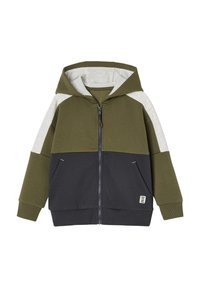 Kapuzensweatshirt mit Reißverschluss in einem olivgr ünen, grauen und navyfarbigen Blockdesign, aus weichem Stoff gefertigt, mit Seitentaschen und gerippten Bündchen.