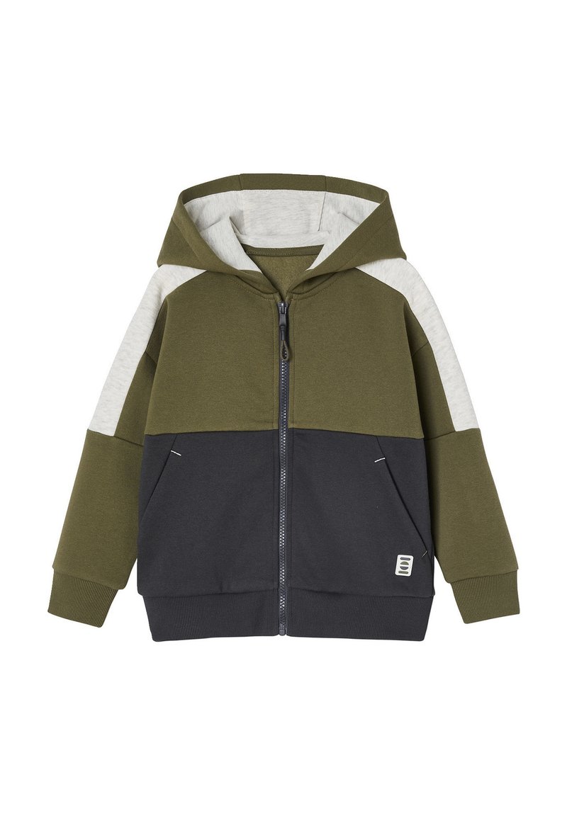 Kapuzensweatshirt mit Reißverschluss in einem olivgrünen, grauen und navyfarbigen Blockdesign, aus weichem Stoff gefertigt, mit Seitentaschen und gerippten Bündchen.