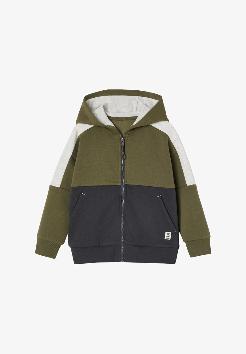 Kapuzensweatshirt mit Reißverschluss in einem olivgrünen, grauen und navyfarbigen Blockdesign, aus weichem Stoff gefertigt, mit Seitentaschen und gerippten Bündchen.