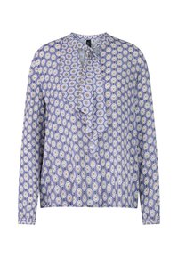 Langärmlige Bluse aus leicht lila Stoff mit floralen Mustern, ausgestattet mit einem gerüschten Vorderteil und einem Bindeband am Ausschnitt.
