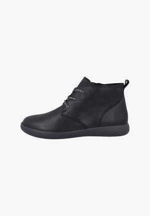 Bottine en cuir noir avec semelle texturée, laçage à l'avant avec lacets noirs et blancs, et languette au talon pour faciliter l'enfilage.
