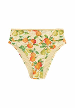Vysoký pás bikinových nohavičiek s béžovým pozadím, ozdobených farebným vzorom citrusového ovocia a zelených listov.