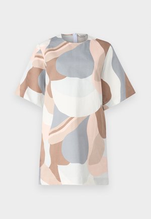 Short-sleeve dress featuring an abstract pattern in beige, gray, and soft pink. Made of a lightweight fabric with a round neckline and back zipper.