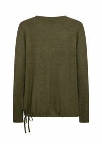 Olivengrünes Langarmshirt mit Rundhalsausschnitt, gerafftem Saum und Kordelzug sowie weichem Material. Rückansicht ohne sichtbare Muster oder Akzente.