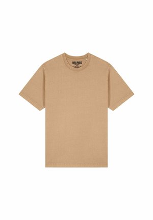 Beige pamut póló rövid ujjakkal és kerek nyakkal. Simá textúrával rendelkezik, és egyszerű, klasszikus dizájn jellemzi. Márkacímke a belsejében.