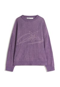 Maglione viola a coste con un design grafico in viola più chiaro. Presenta un collo rotondo e maniche lunghe con ampi polsini.