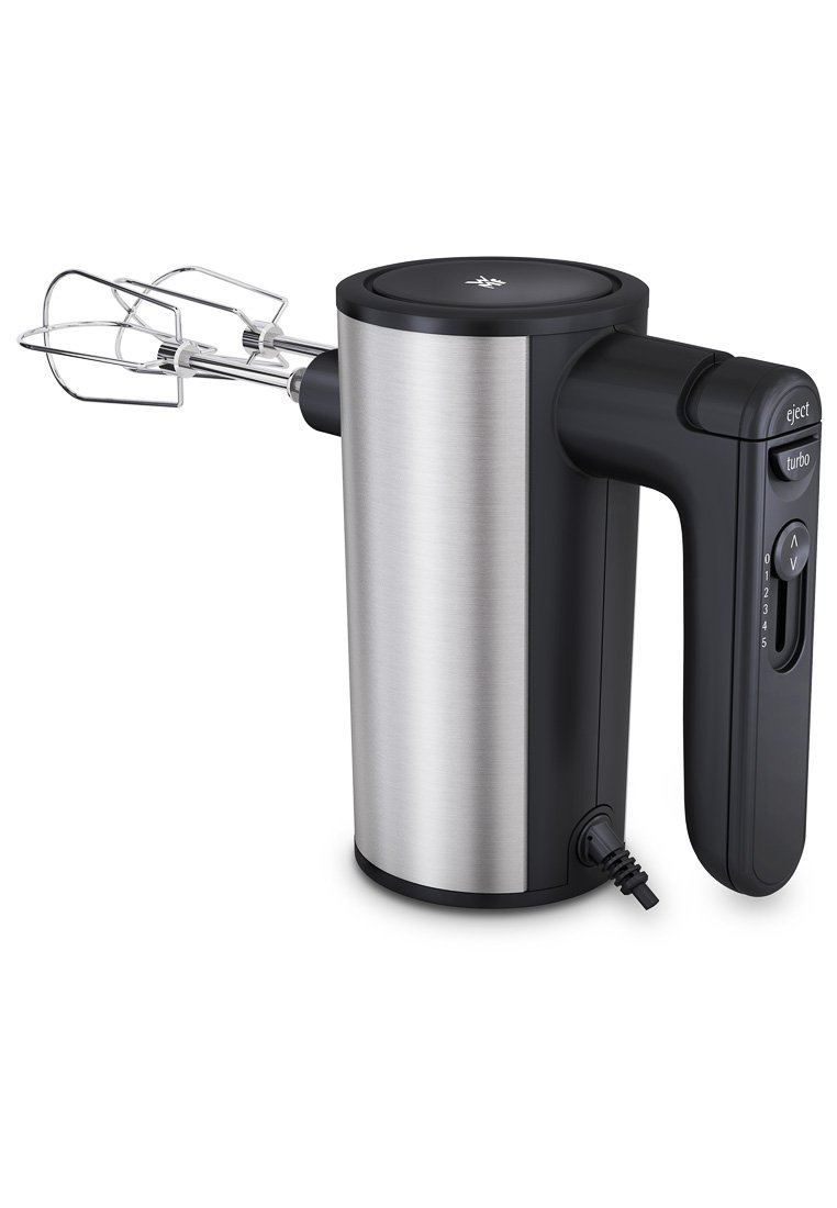 Elektrischer Handmixer mit Edelstahlgehäuse, schwarzen Akzenten und ergonomischem Griff. Verfügt über einen Auswurfknopf, eine Turbo-Funktion und einen Geschwindigkeitsregler mit fünf Stufen.