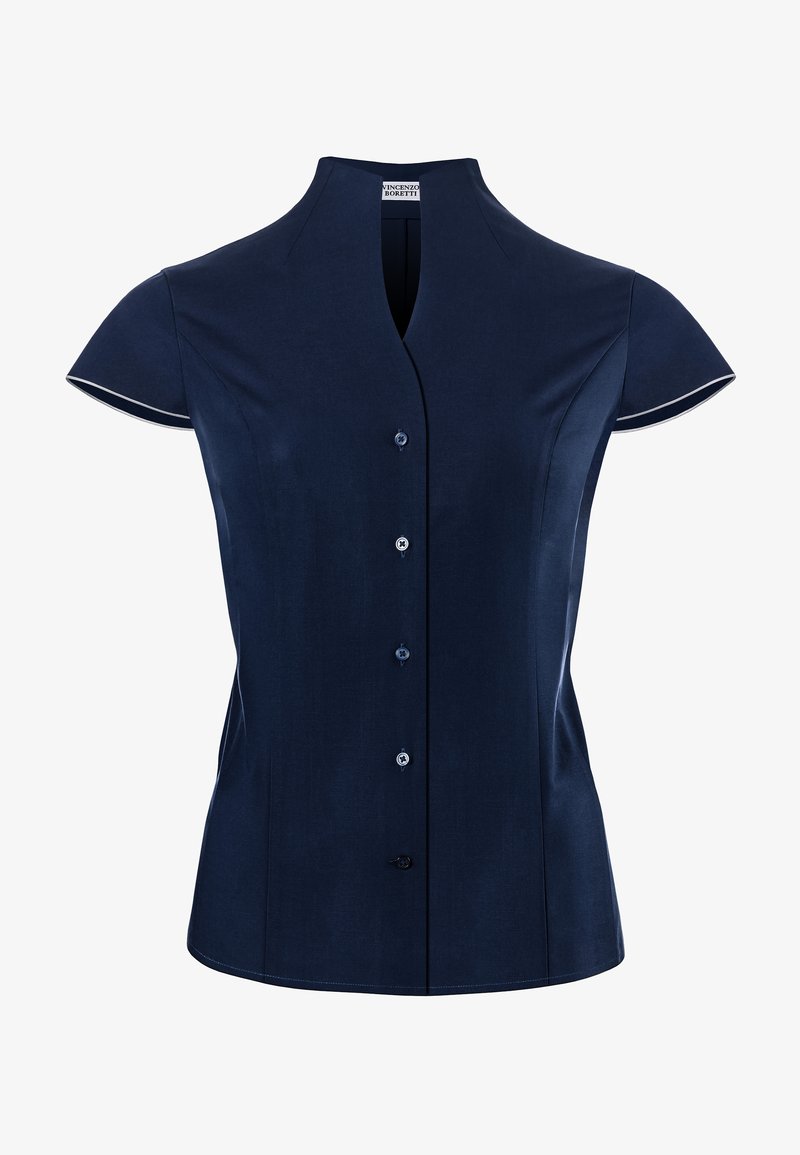 Navy blue short-sleeve blouse with a high collar, curved hem, and five-button placket. Features contrasting white accents on sleeves.