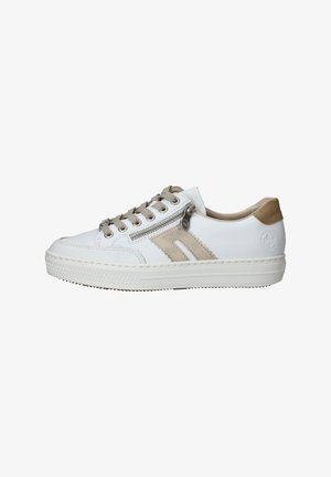 White sneaker with a smooth leather finish, beige suede accents, round toe, textured rubber sole, and side zipper detail.