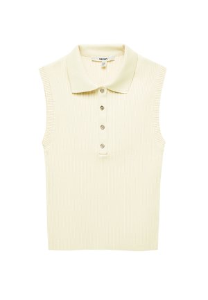 Mouwloze geribbelde gebreide poloshirt in crème met vier knopen aan de voorkant en een opstaande kraag.