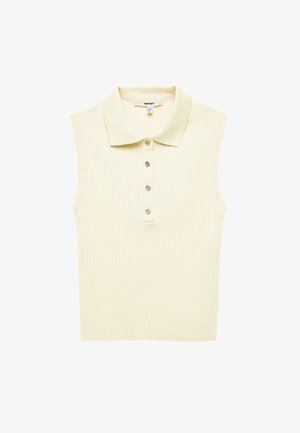 Mouwloze geribbelde gebreide poloshirt in crème met vier knopen aan de voorkant en een opstaande kraag.