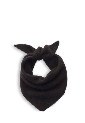 Weicher schwarzer gestrickter Schal mit einem oben gebundenen Knoten, vor weißem Hintergrund dargestellt.