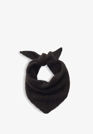 Weicher schwarzer gestrickter Schal mit einem oben gebundenen Knoten, vor weißem Hintergrund dargestellt.