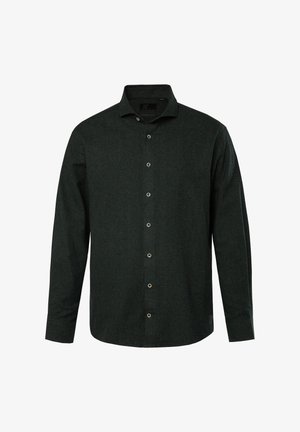 Dunkelgrünes Hemd mit langen Ärmeln, aus einem strukturierten Stoff gefertigt. Mit silbernen Knöpfen und einem klassischen Kragen-Design.