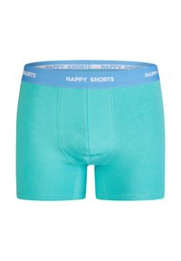 Tyrkysové pánské boxerky z měkké tkaniny, s modrým páskem s nápisem "HAPPY SHORTS" v bílé barvě. Obsahují přední kapsu.