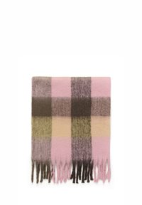 Ternet uldscarf med pink, brun, grøn og gul firkanter, med frynser i kanten og en blød tekstur.