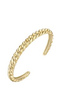 Pulsera de abertura retorcida de oro con diseño redondeado tipo cuerda sobre un fondo blanco.
