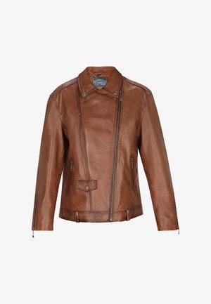 Veste en cuir marron avec une coupe ajustée, fermeture éclair à l'avant, col à pression, poches latérales et couture détaillée le long des coutures.