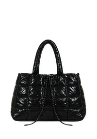Borsa tote nera trapuntata con finitura lucida, dotata di due manici e chiusura a coulisse. Texture imbottita con dettagli di cucitura evidenti.