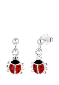 Rode en zwarte lieveheersbeestje oorbellen met glanzende zilveren metalen accenten, met een gedetailleerd ontwerp en een dangling stijl.