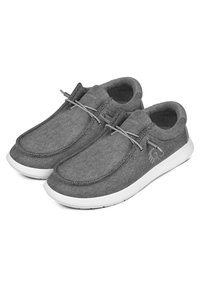 Chaussures à enfiler grises en matériau feutré avec un bout arrondi, des lacets élastiques et une semelle en caoutchouc blanche. Accentué par un détail de logo.