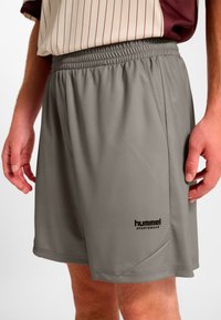 Gråa sportshorts med elastisk midja, sidfickor och svart "hummel sportswear"-logotyp på nedre fållen. Mjukt, lätt tyg.