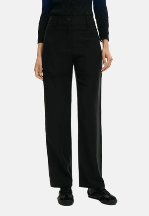 Black wide-leg trousers made from a smooth fabric, featuring two front patch pockets and a standard button fly closure.