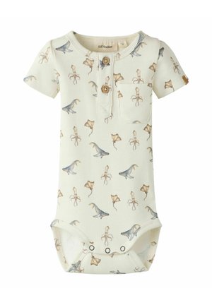 Hellbeiges kurzärmeliges Baby-Body mit Rippenstruktur, Holzknöpfen, einer vorderen Tasche und blauem sowie braunem Meeresbewohner-Print.