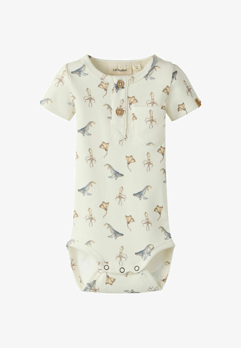 Body court beige côtelé pour bébé avec manches courtes, boutons en bois, poche avant et imprimé créatures marines bleu et marron.