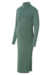 Robe de maternité à manches longues, vert olive, avec un col montant, une taille cintrée et une fente latérale atteignant la longueur mi-mollet.