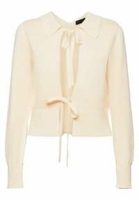 Cardigan en maille crème avec manches longues, large col et deux liens de fermeture à l'avant, avec ourlet et poignets côtelés.