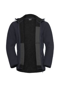 Giacca in pile della marina con texture esterna a coste, chiusura frontale con zip, due tasche laterali e interni grigi lisci.
