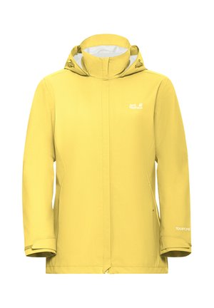 Gelbe wasserdichte Jack Wolfskin Jacke mit verstellbarer Kapuze und Handgelenkriemen, ausgestattet mit TEXAPORE Stofftechnologie.