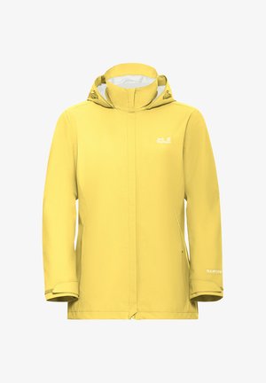 Gelbe wasserdichte Jack Wolfskin Jacke mit verstellbarer Kapuze und Handgelenkriemen, ausgestattet mit TEXAPORE Stofftechnologie.