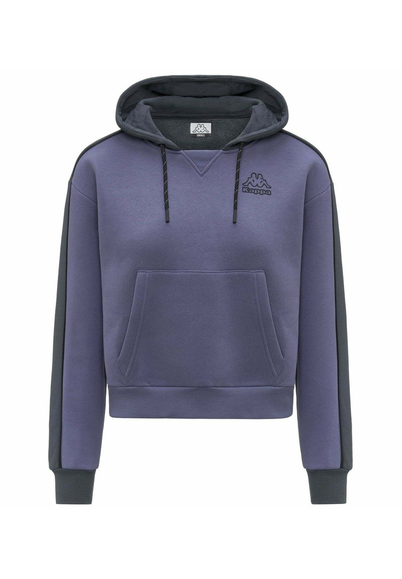 Felpa viola con tasca a marsupio, cappuccio con coulisse e pannelli laterali neri. Presenta il logo Kappa sul petto e polsini e orlo a costine.