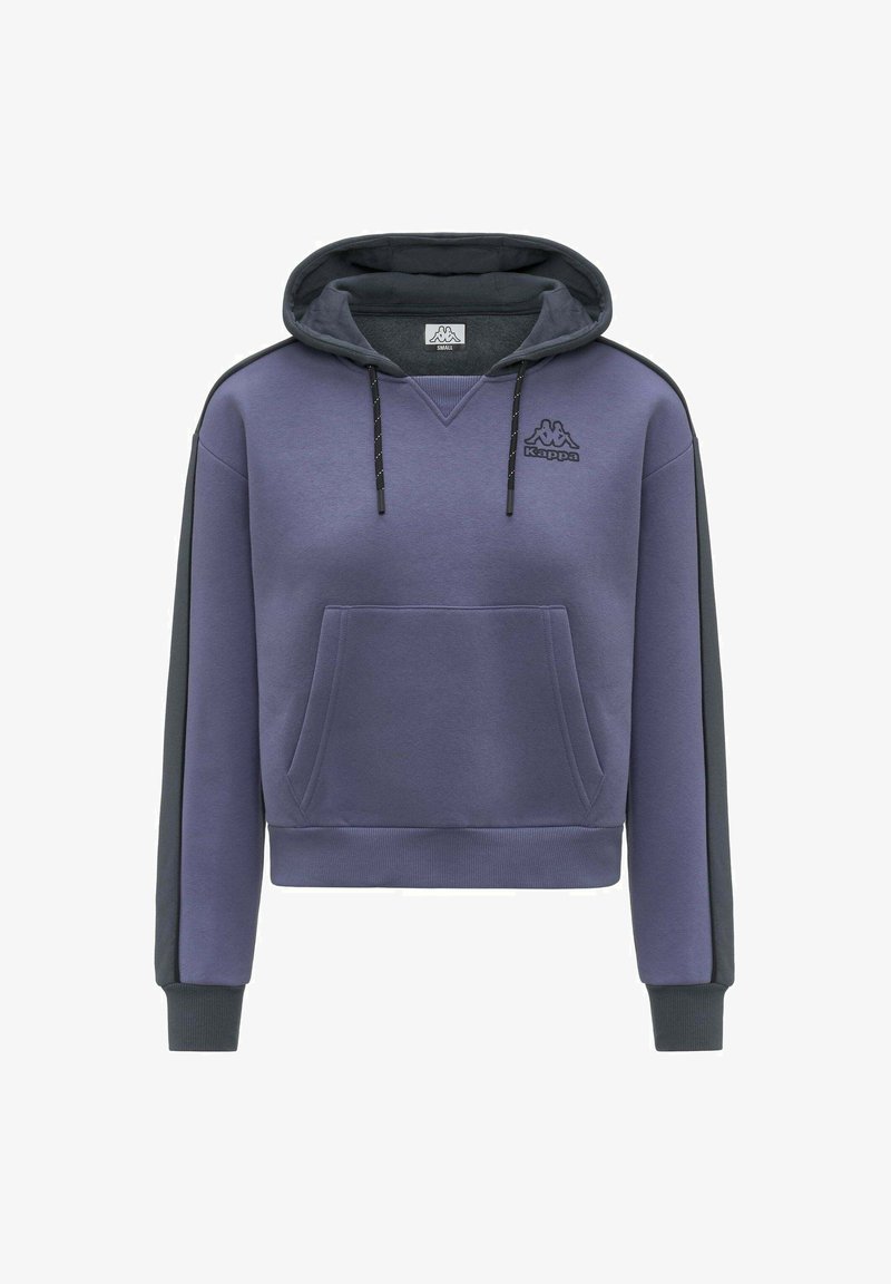Felpa viola con tasca a marsupio, cappuccio con coulisse e pannelli laterali neri. Presenta il logo Kappa sul petto e polsini e orlo a costine.