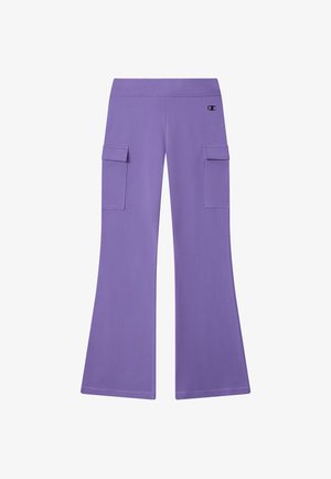 Purple wide-leg pants with side cargo pockets and a small black Champion logo on the right front hip.