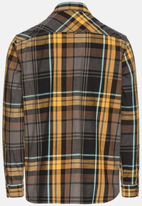 Langarmhemd mit einem karierten Muster in Schwarz, Braun, Gelb und Hellblau. Verfügt über Knopfmanschetten und einen klassischen Kragen.