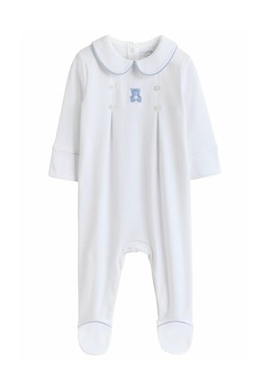 Weißer Babystrampler mit langen Ärmeln, einem runden Kragen und blauen Akzenten. Auf der Brust befindet sich ein gestickter blauer Teddybär. Weicher Stoff.