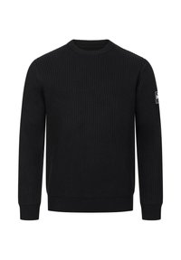 Zwarte geribde trui met een ronde halslijn en lange mouwen. Heeft een logo-embleem op de linkermouw. Glad materiaal met elastische manchetten.