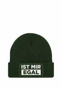 Dark green knitted beanie with a folded cuff, featuring a white rectangular patch displaying the text "IST MIR EGAL" in bold black letters.