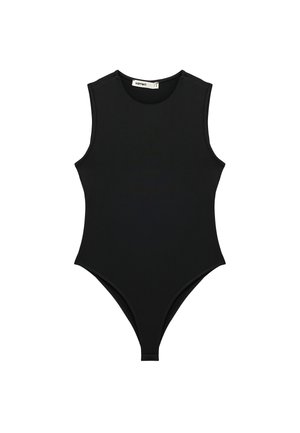 Body noir sans manches ajusté avec des découpes hautes sur les jambes et un col rond sur fond blanc.