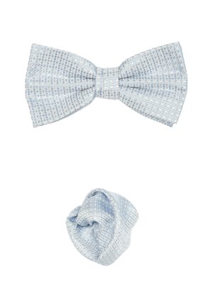 Light blue bow tie and matching tie, both featuring a textured woven pattern. Bow tie is classic shape, while the tie is loosely knotted.