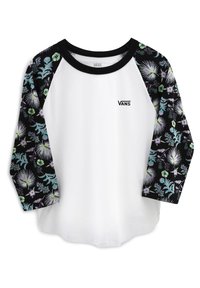 Weißes T-Shirt mit dreiviertel schwarzen Ärmeln, das mit einem bunten Blumenmuster verziert ist, runder Ausschnitt und kleinem Vans-Logo auf der Vorderseite.