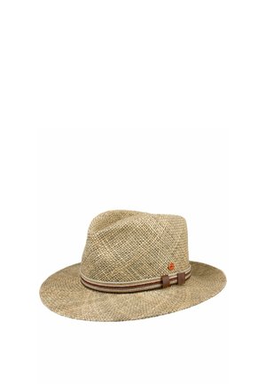 Light brown woven straw fedora hat with a striped ribbon band and a small round orange emblem on the side.